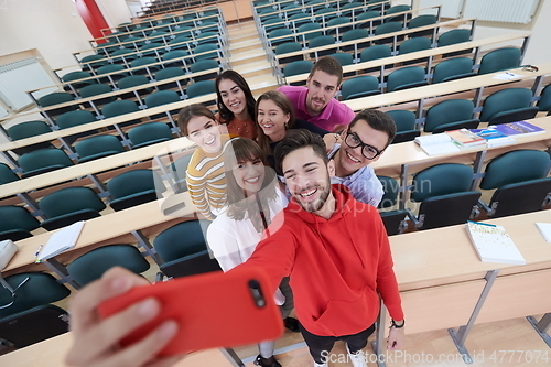 Image of Group of multiethnic teenagers taking a selfie in school