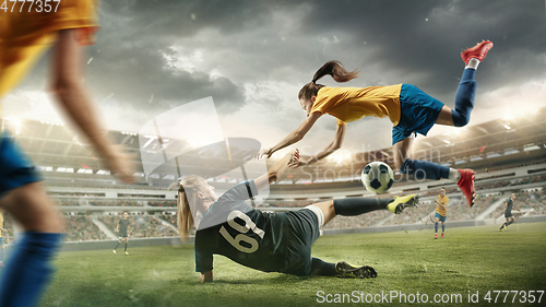 Image of Female soccer or football players kicking ball at the stadium