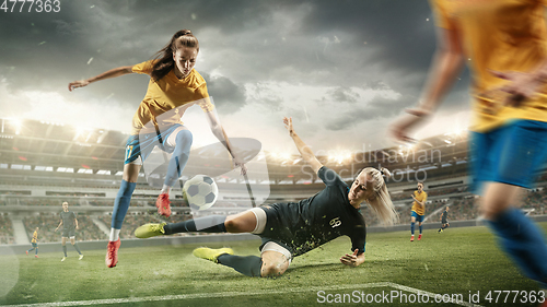 Image of Female soccer or football players kicking ball at the stadium