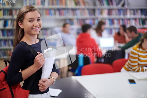 Image of the student uses a notebook and a school library