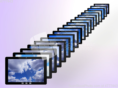 Image of tablets in row with different images of sky