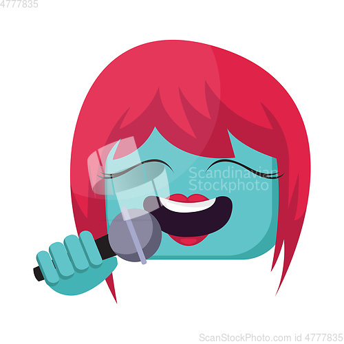 Image of Square blue female emoji face with pink hair singing into mic ve