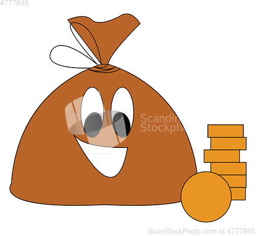 Image of Brown smiling moneybag with golden coins vector illustration on 