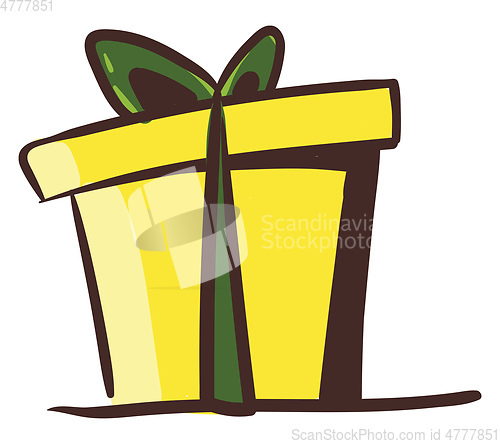 Image of A yellow present box wrapped with decorative paper tied with a g