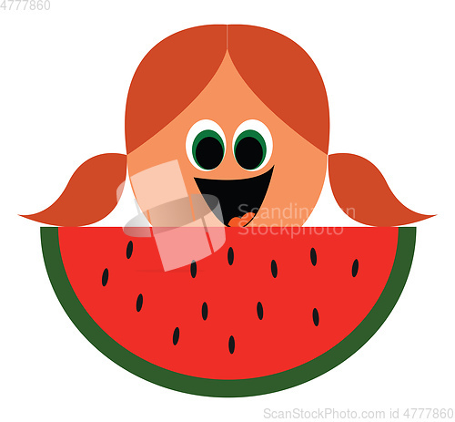 Image of Cute cartoon girl\'s face with a slice of watermelon in her front