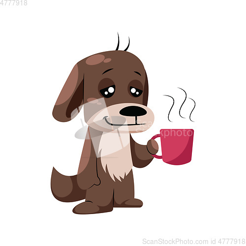 Image of Brown cute dog holding first coffee mug vector illustration on a