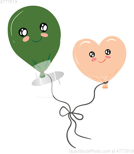 Image of A heart-shaped pink balloon and an oval-shaped green balloon flo