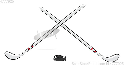 Image of Vector illustration of two white hockey sticks and black puck wh