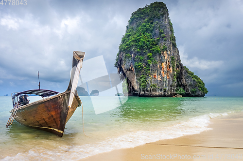 Image of Long tail boat on Phra Nang Beach, Krabi, Thailand