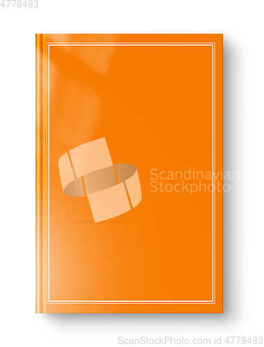 Image of Closed orange blank book with frame isolated on white