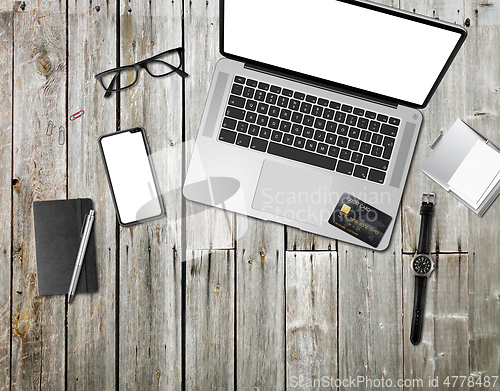 Image of Wooden office desk mockup top view