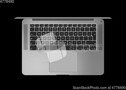 Image of Dark silver Open laptop. Top view 3D render isolated on black