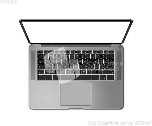 Image of Open laptop top view with blank screen, isolated on white. Dark 