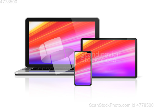 Image of Laptop, tablet and phone set mockup isolated on white. 3D render
