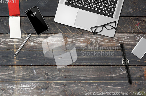 Image of Wooden office desk mockup top view