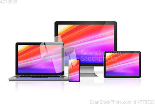 Image of Computers and phone set mockup isolated on white. 3D render