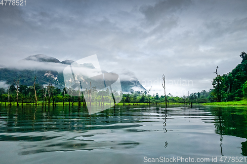 Image of Misty morning on Cheow Lan Lake, Khao Sok National Park, Thailan