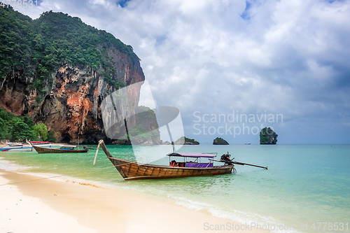Image of Long tail boat on Phra Nang Beach, Krabi, Thailand