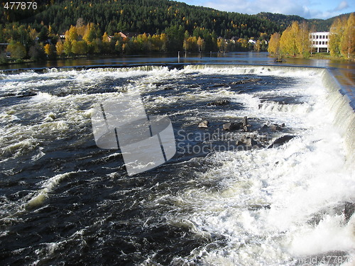 Image of White water in front of a forest and a building