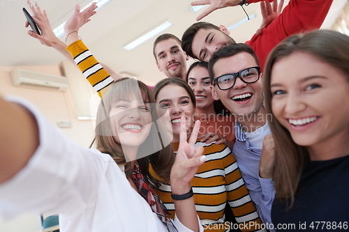 Image of Group of multiethnic teenagers taking a selfie in school