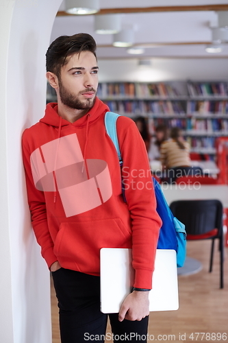 Image of the student uses a laptop and a school library