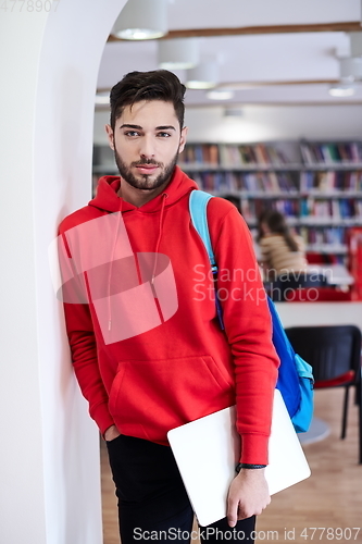 Image of the student uses a laptop and a school library