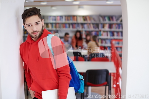 Image of the student uses a laptop and a school library