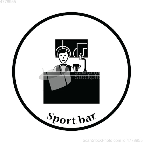 Image of Sport bar stand with barman behind it and football translation o