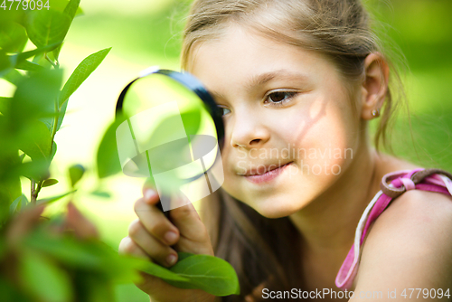 Image of Girl is looking at tree leaves through magnifier