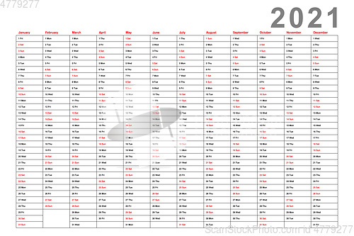 Image of year 2021 annual Calendar