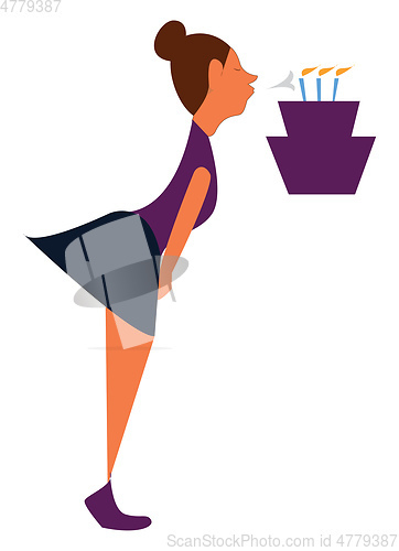 Image of A girl blowing a birthday cake, vector color illustration.