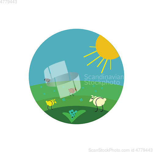 Image of Painting of few sheep grazing in the meadow vector or color illu