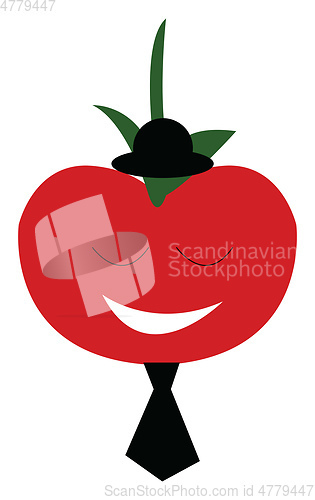 Image of A red tomato is very happy wearing a black tie and a hat vector 