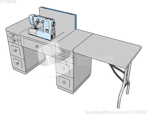 Image of 3D vector illustration of a sewing machine on a working table wh