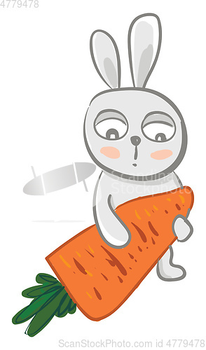 Image of Cute baby hare holds a big carrot and expresses sadness vector c