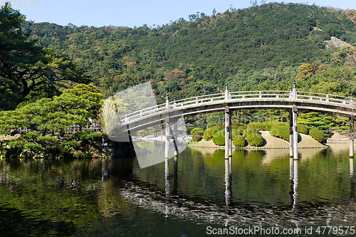 Image of Traditional Ritsurin Garden and wooden bridge