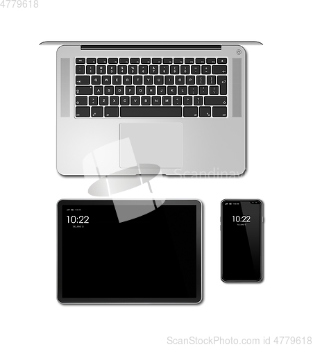 Image of Laptop, tablet and phone set mockup isolated on white. 3D render