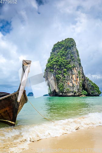 Image of Long tail boat on Phra Nang Beach, Krabi, Thailand