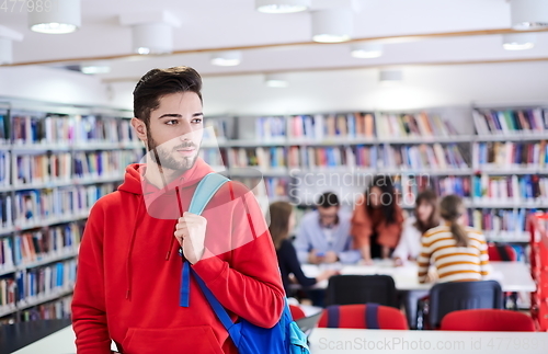 Image of the student uses a laptop and a school library