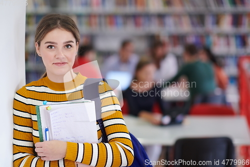 Image of the student uses a notebook and a school library