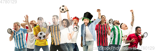 Image of Men and women screaming and exciting on white background