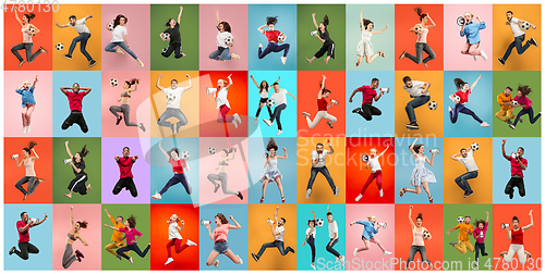 Image of Men and women jumping on multicolored background