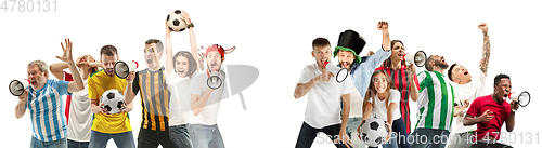 Image of Men and women screaming and exciting on white background