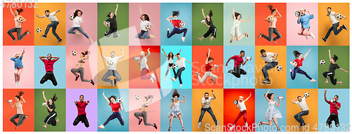 Image of Men and women jumping on multicolored background