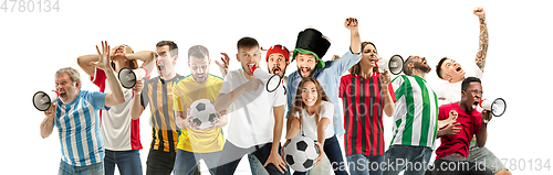 Image of Men and women screaming and exciting on white background