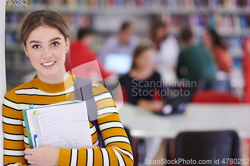 Image of the student uses a notebook and a school library