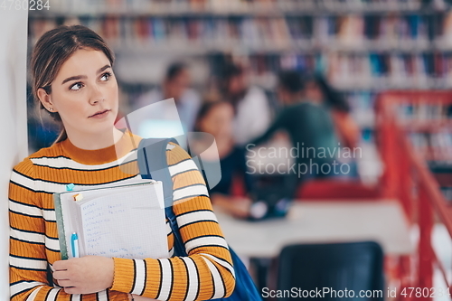 Image of the student uses a notebook and a school library