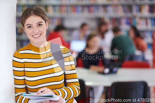 Image of the student uses a notebook and a school library