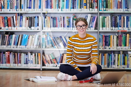 Image of the student uses a notebook and a school library