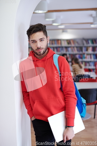 Image of the student uses a laptop and a school library